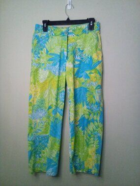 Cotton Connection Capri Pants Women 8 Cropped Tropical Pattern Yellow Blue